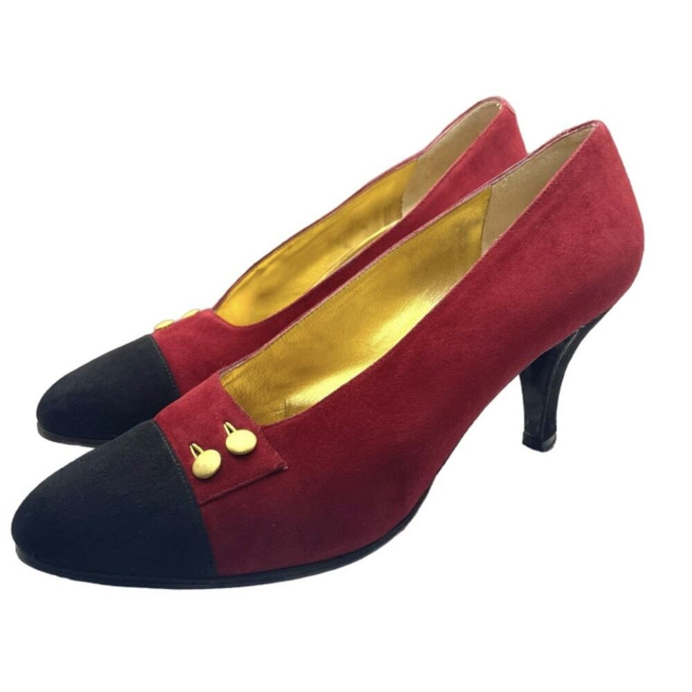 Anne Klein Suede Pumps WMNS 7 Red & Black Two-Tone Heels with Gold Button Detail
